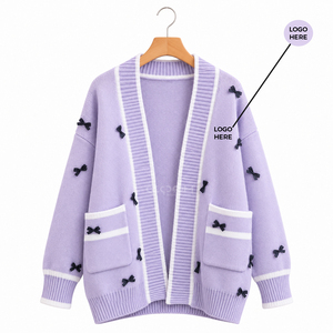 เสื้อคาร์ดิแกนถักอะคริลิคสีม่วงของ Cosh International Sorority Sisterhood พร้อมรายละเอียดโบว์สีดำ แขนยาว คอวี สไตล์ลำลองแบบเปิด - Product Image 5