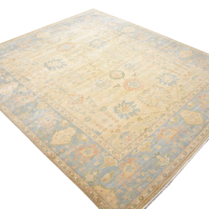 Tapis Oushak en laine noué à la main, beige doux et bleu pastel, motif floral médaillon, à poils ras, tapis traditionnel vintage pour sol domestique - Product Image 4