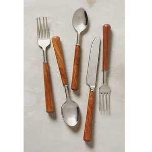 Juego de cubiertos de acero inoxidable de alta calidad y diseño creativo, con mangos de madera natural, tenedor, cuchara, cuchillo, vajilla para uso hotelero. - Product Image 5