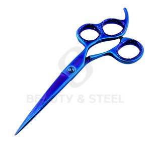 Tijeras Profesionales para Cortar Cabello de Titanio Azul con Hojas Rectas Afiladas y Agarres Ergonómicos con Anillo Brillante - Product Image 2