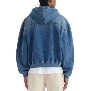 เสื้อแจ็คเก็ตฮู้ดดี้ยีนส์สีน้ำเงินวินเทจสำหรับผู้ชาย สกรีนโลโก้ได้ ทรงพูลโอเวอร์ แต่งดีเทลขาดๆ สไตล์สตรีทแวร์ลำลอง ผ้าฝ้าย 100% ระบายอากาศได้ดี - Product Image 4