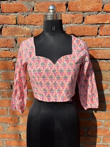 Top de verano con estampado de bloques a mano para mujer, Blusa de algodón Floral informal con bordado, prendas de vestir hechas a mano, ropa tejida de longitud corta - Product Image 4