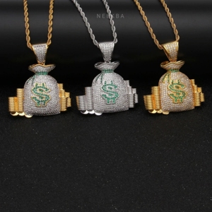 Pendentif Sac d'argent « Trap Wealth » – Pendentif Sac des rêves en Moissanite entièrement sertie – Pendentif Sac de flux de trésorerie en argent 925 brillant style Hip Hop - Product Image 5