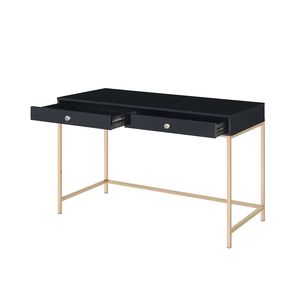 Black High Gloss Rectangular Writing <b>Desk</b> with 2 Drawers and Gold Accents Stylish Computer <b>Desk</b> - Product Image 4