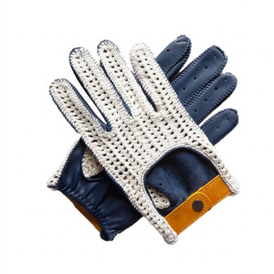 Gants de conduite en cuir perforé blanc et bleu marine, respirants, unisexes, avec sangle de poignet réglable pour le sport et les activités de plein air - Product Image 1