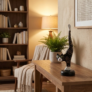 Figurine d'animal en bois d'albizia faite à la main, queue de chat noire avec ornements dorés, artisanat de Bali, décoration d'intérieur, cadeau, sculpture en bois, art - Product Image 3