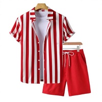 Conjunto Deportivo de Verano para Hombre, Transpirable, a Rayas, Camisa de Manga Corta con Botones, Pantalones Cortos Rojos, 2 Piezas, Poliéster/Algodón, Ropa Deportiva