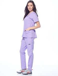 Ensemble de tenue médicale violette pour femme en coton et polyester tissé, pantalon et haut à col en V, détection des aiguilles - Product Image 3