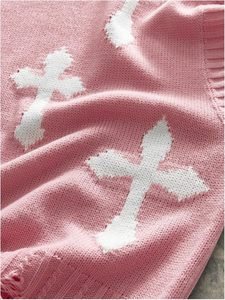 Pink Knitted Sleeveless Crop <b>Top</b> With White Cross Print <b>Fringe</b> Detail Gothic Style Oversized Pullover Unisex Autumn Wear - Product Image 4