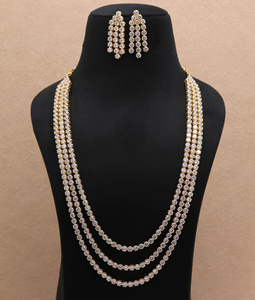CZ Necklace Set Brass 22K Gold Plated 5mm Round Stone Adjustable Length Premium Jewelry Gift For Her - Product Image 3