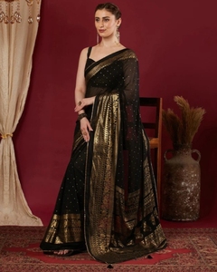 Sari de Rayón Georgette Estampado KV con Adornos para Fiesta, de Secado Rápido y Sin Arrugas - Product Image 1