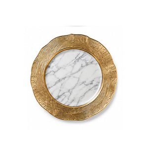 Assiette décorative ronde en marbre avec bord doré, style glamour, vaisselle de fête faite à la main - Product Image 1