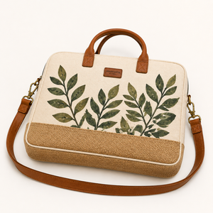 Sac à dos pour ordinateur portable en toile de jute écologique unisexe grande capacité, design imprimé feuilles, fermeture éclair, bandoulière - Product Image 5