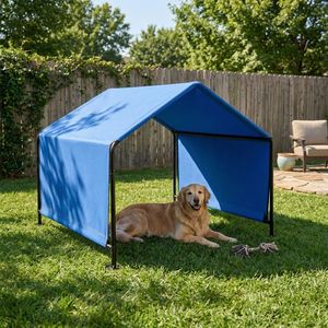 Tenda per Animali Domestici 4x4x3.3FT, Struttura in Ferro Nero, Telo in Poliestere Rivestito in PVC, Impermeabile e Resistente ai Raggi UV, Fondo in Tela Cerata Blu Cucito - Product Image 4