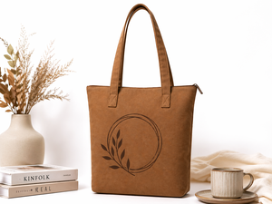 Brown Canvas <b>Tote</b> <b>Bag</b> <b>With</b> Leaf Print <b>Zip</b> Closure Minimalist Style Shopping <b>Bag</b> All Seasons Use - Product Image 5