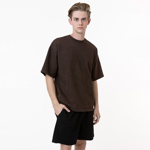 T-shirt en jersey de coton uni surdimensionné pour homme, col rond, manches courtes, coupe décontractée, longueur normale, tissu tricoté teint uni - Product Image 2