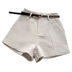 Shorts blancs taille haute pour femme, couleur unie, fermeture boutonnée, ceinturés, style minimaliste, tissu tissé, coupe droite, anti-plis - Product Image 6