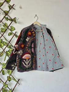Handmade Grey <b>Velvet</b> Suzani Embroidered <b>Jacket</b> with Floral Print Full Sleeve Stand Collar Bohemian <b>Women's</b> Winter Coat - Product Image 3