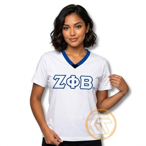 GREEK TREASURES Camisetas de jersey informales de manga corta con cuello en V, transpirables, con logotipo bordado, de la hermandad Zeta Phi Beta para mujer - Product Image 3