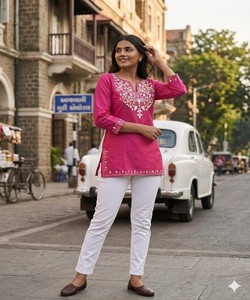 Kurta en coton rose pour femmes, broderie blanche, tenue décontractée régulière, style indien pakistanais, tenue traditionnelle 85435- BLUESTAR- BS...160 - Product Image 1