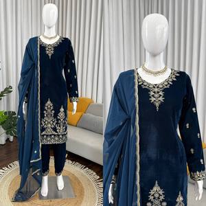 Conjunto Tradicional de Salwar Kameez de Terciopelo Azul, Kurta Bordada, Palazzo y Dupatta, Ropa Étnica para Mujer para Bodas, Graduaciones y Fiestas - Product Image 2
