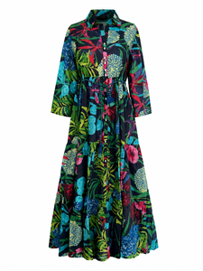 Robe longue décontractée bohème en coton 100% à motif floral abstrait, manches évasées, taille naturelle, ourlet plissé, boutonnée sur le devant, col mandarin - Product Image 3