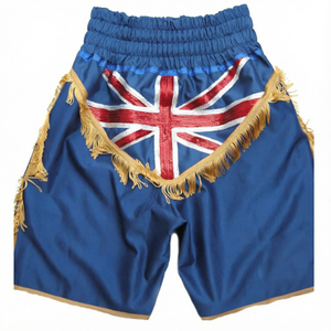 Shorts de boxe bleus avec drapeau Union Jack et franges dorées en polyester, confortables pour l'entraînement en toutes saisons - Product Image 1