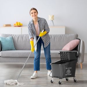 Seau à serpillière noir de 38 litres avec poignée pliable et essoreur à roulettes, chariot de nettoyage de 30L en PP - Product Image 2
