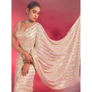 ชุดผ้าแพรจอร์เจียประดับเลื่อมครีมส่าหรีพร้อมเสื้อสตรี - Product Image 4