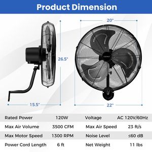 Ventilatore da Parete da 20 Pollici, 3 Velocità, Testa Inclinabile Regolabile, in Metallo e Plastica, per Uso Esterno - Product Image 4