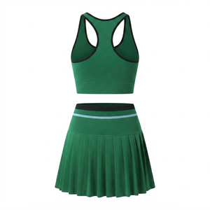 Women's Green Knitted Sporty 2 Piece <b>Set</b> Sleeveless Top Pleated Skirt Solid Color Breathable Spring Summer Workout Wear - Product Image 4