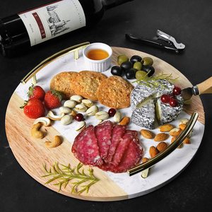 Planche à fromage ronde artisanale en marbre et bois avec poignée, passe au lave-vaisselle, plateau de service pour charcuterie, idéal pour les réceptions et comme cadeau de pendaison de crémaillère - Product Image 4