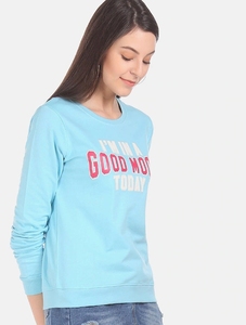 Sweat-shirt décontracté pour femme, bleu clair, col rond, manches longues, imprimé lettres, respirant, 100 % coton tricoté, idéal pour le printemps - Product Image 3