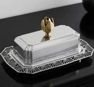 Superior Quality Butter <b>Dish</b> Rectangular <b>Glass</b> Butter <b>Dish</b> <b>With</b> <b>Lid</b> Silver Metal Base Tulip Knob Glam Design - Product Image 5