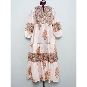 เดรสลำลองทรงเอไลน์ คอวี แขนพอง ลายพิมพ์บล็อกด้วยมือสำหรับผู้หญิง ไซส์พลัส กระดุมผ่าหน้า ความยาวระดับข้อเท้า เอวธรรมชาติ - Product Image 1