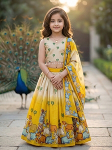 Conjunto de Lehenga Choli para Niñas, Estilo Étnico, Completamente Cosido, Largo hasta el Suelo, con Estampado Kalamkari, Top Corto y Falda, Ropa Tradicional India - Product Image 2