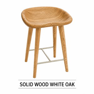 Tabouret de comptoir scandinave moderne en bois de chêne massif blanc avec siège sculpté en forme de selle, repose-pieds en métal et dossier solide - Product Image 3