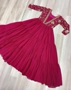 ชุดเดรสยาว Anarkali สีชมพูผ้าจอร์เจตต์ งานปักกระจกแบบ Kutchi อย่างดี สำหรับงานเทศกาลอินเดีย ปากีสถาน และงานเลี้ยง - Product Image 6