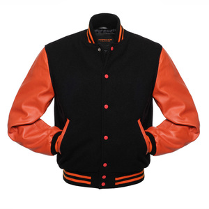Veste de baseball noire personnalisée pour homme avec manches en cuir PU orange, col montant, style décontracté pour l'automne - Product Image 1
