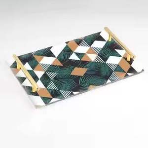 Tropical Geometric Classic Decorative <b>Rectangle</b> Wooden Serving Tray Gold Handles Dishwasher Safe Eco-Friendly <b>Coffee</b> <b>Table</b> - Product Image 1