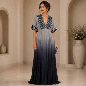 Women Ombre Maxi Dress Navy Grey Embellished V Neck Evening Gown Flowy Pleated Short Sleeve Elegant Formal Party Cocktail - Product Image 2