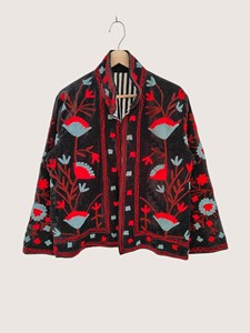 Veste vintage en velours noir brodée de fleurs, col mandarin, manches longues, vêtements décontractés pour femmes, vêtements d'hiver - Product Image 1