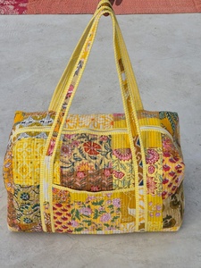 Handmade Floral Patchwork Duffel <b>Bag</b> <b>Yellow</b> Large Capacity Travel Weekender Textile Zipper Closure - Product Image 1