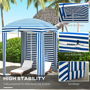 Ombrellone da Spiaggia Cabana a Strisce Blu e Bianche 1,77m x 1,77m con Finestre Ventilate Superiori Singole e Borsa per il Trasporto con Volant per Uso Esterno - Product Image 5