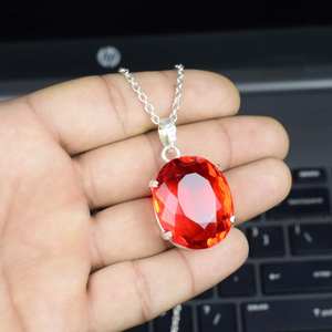 จี้แซฟไฟร์สีส้มทำมือ รูปไข่ เงินแท้ 925 ประดับอัญมณี เครื่องประดับวินเทจสำหรับผู้หญิง - Product Image 2