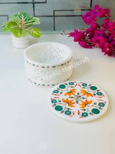 Marble Round Inlay Floral Work Jewelry <b>Box</b> Handcrafted Good Quality Piece Handmade Wholesale Best Price Available Here - Product Image 2