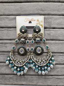 Lucentarts Jewel Green Meenakari Chandbali Jhumka <b>Earring</b> Pearl Beads <b>Dangle</b> <b>Earring</b> Traditional Indian Bridal Jewelry Wholesale - Product Image 3