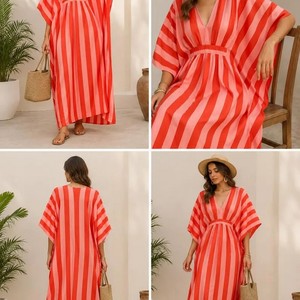 Robe longue décontractée pour femme à rayures, col rond, manches courtes, coupe ample, respirante, tissée, 100 % polyester, idéale pour l'été - Product Image 5