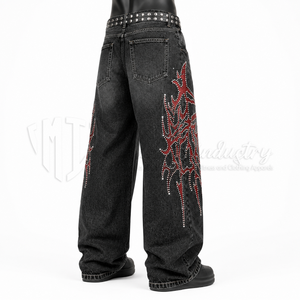 Jean en denim taille haute à jambe large pour homme, en coton, style punk, avec rivets et déchirures, coupe ample, streetwear automne - Product Image 4