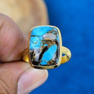 Natural Handmade Black Shell Copper <b>Turquoise</b> Cushion Shape Gemstone <b>Ring</b> 18k Gold Micron Over 925 Sterling Silver <b>Ring</b> - Product Image 2